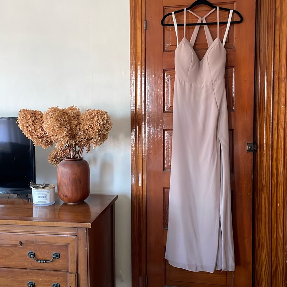 Azazie “Manila” Taupe chiffon bridesmaid dress- “custom size” size 4 or small